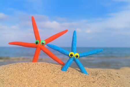 Funny star fishes with eyes at the beach with the sea in the backgroundの写真素材