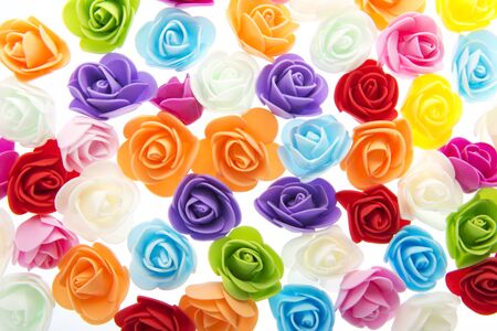 Many colorful roses background on whiteの写真素材