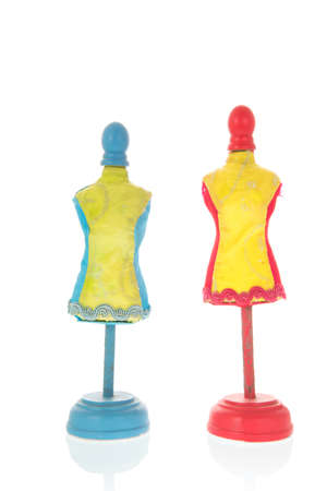 Mannequin in blue and red isolated over white backgroundの写真素材