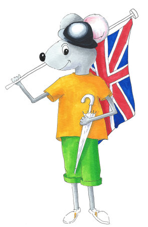 Typical British mouse with bowler hat, umbrella and flag isolated over white backgroundの写真素材