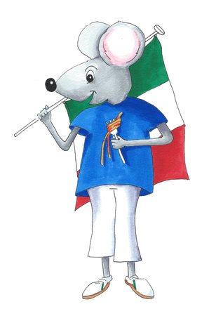 Typical Italian mouse with Spaghetti and flag isolated over white backgroundの写真素材