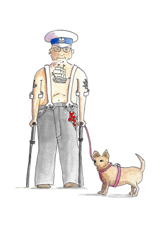 Cartoon of an old saylor with his little dogの写真素材
