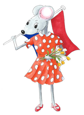 Typical Dutch mouse with tulips and flag isolated over white backgroundの写真素材