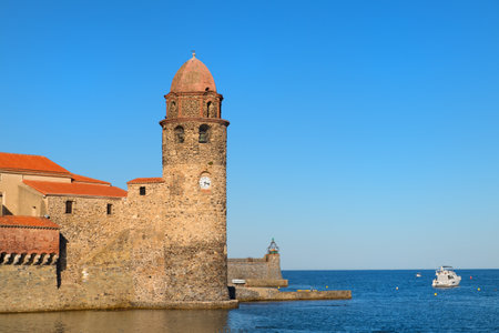 Collioure landmark tower in harborの写真素材
