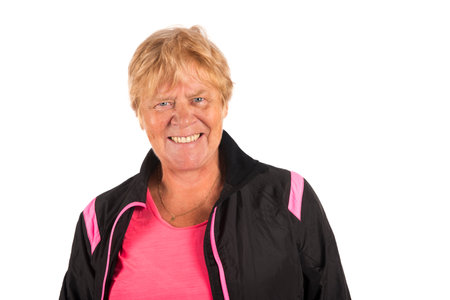 Old Fit sporty Healthy woman isolated over white backgroundの写真素材