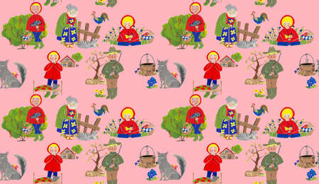 Seamless little red hood pattern on pink backgroundの写真素材