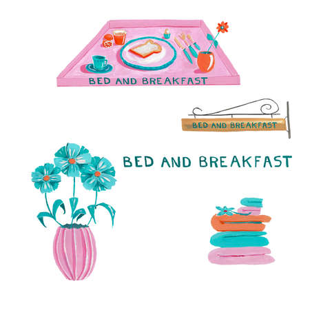hand painted Illustration Bed and breakfast on white backgroundの写真素材