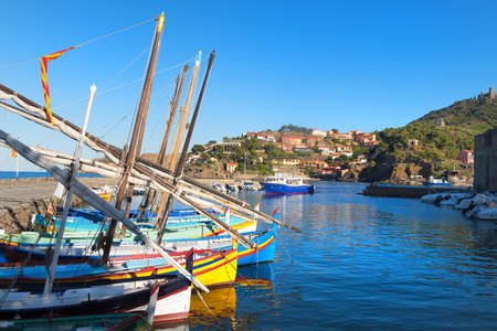 Colorful Fishing boats in Collioure Franceの写真素材