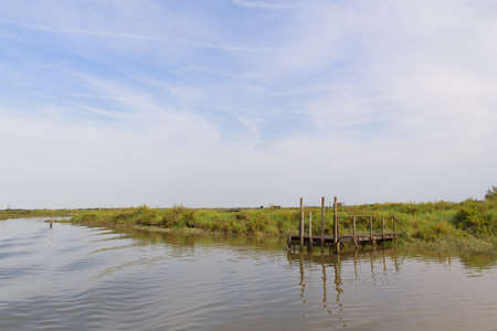 Wooden boat dock in landscape at French Charenteの写真素材