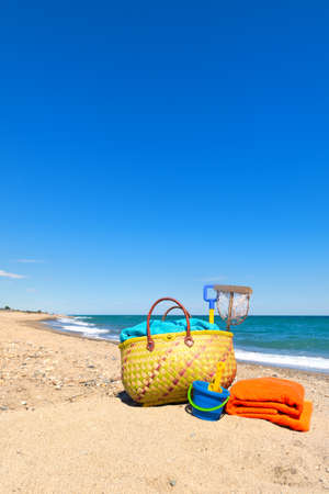 Beach bag and toys for summer vacationの写真素材