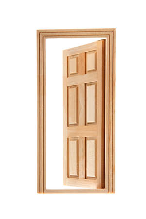 Open wooden door isolated over white backgroundの写真素材