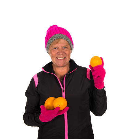 Old Fit sporty Healthy winter woman isolated over white backgroundの写真素材