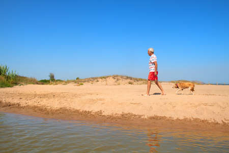 Senior man walking with old dog at the summer beachの写真素材