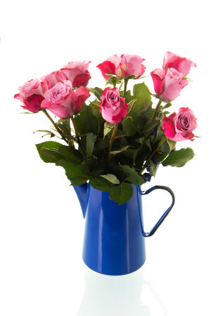 Bouquet pink roses in blue vintage coffee pot isolated over white backgroundの写真素材
