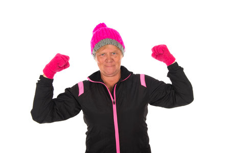 Old Fit sporty Healthy winter woman isolated over white backgroundの写真素材