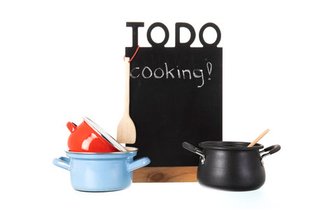 Kitchen utensil with pots and pans for cooking dinnerの写真素材