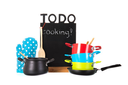 Kitchen utensil with pots and pans for cooking dinnerの写真素材