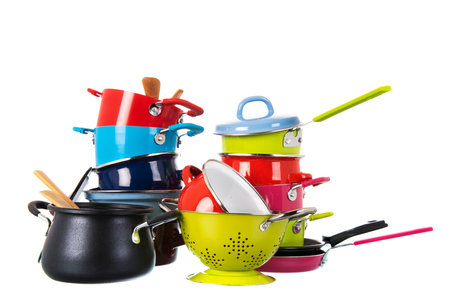 Kitchen utensil with many pots and pans for cooking dinnerの写真素材