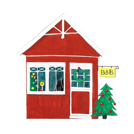 Hand painted tiny house during christmas isolated over white backgroundの写真素材