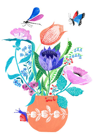 Hand painted flowers with gouache in vase with butterfly and other insectsの写真素材
