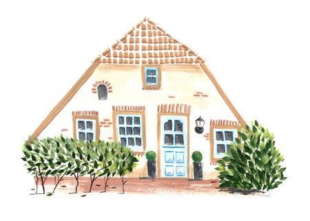 Hand painted Dutch farm house illustration isolated over white backgroundの写真素材