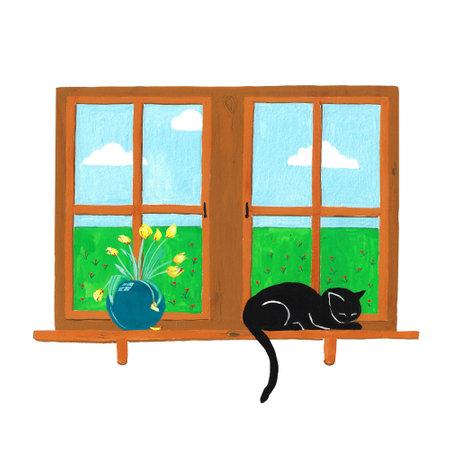 Hand painted Black cat sleeping in the windowの写真素材