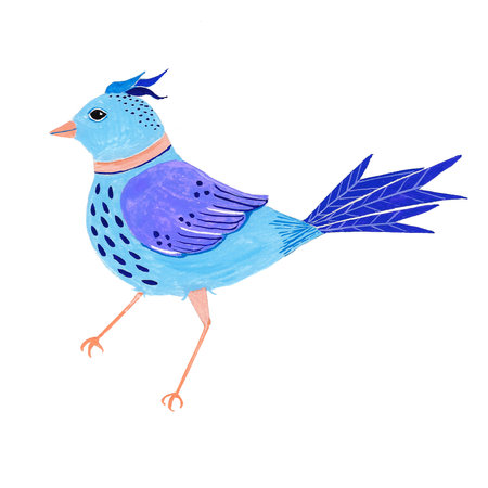 Hand painted fantasy blue bird with gouache isolated over white backgroundの写真素材