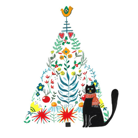 Handpainted folk art Christmas cat isolated over white backgroundの写真素材