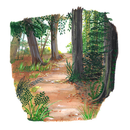 Path through the forest handpainted isolated over white backgroundの写真素材