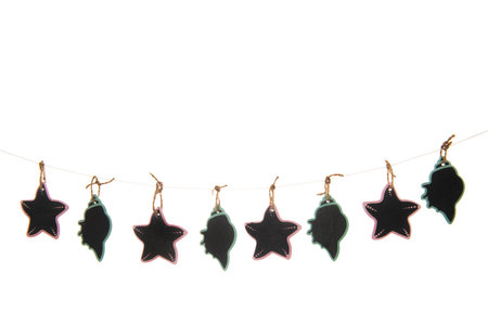 Little sea fruit as blackboards hanging on a ropeの写真素材