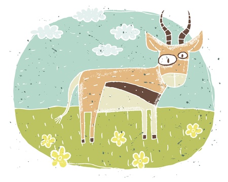 Hand drawn grunge illustration of cute antelope on background with flowers and clouds のイラスト素材