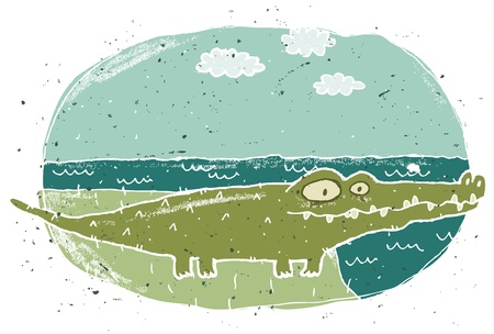 Hand drawn grunge illustration of cute crocodile on background のイラスト素材
