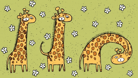 Hand drawn grunge illustration of three giraffes on floral background のイラスト素材
