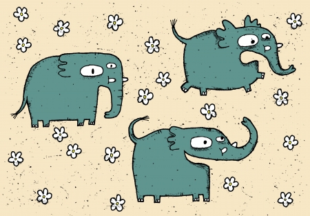 Hand drawn grunge illustration set of cute elephants のイラスト素材