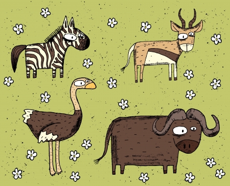 Hand drawn grunge illustration set of zebra, antelope, ostrich and buffalo のイラスト素材