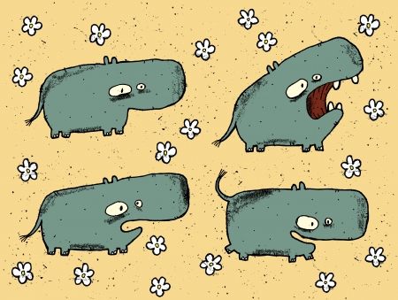 Hand drawn grunge illustration set of four cute hippos on background with flowers のイラスト素材