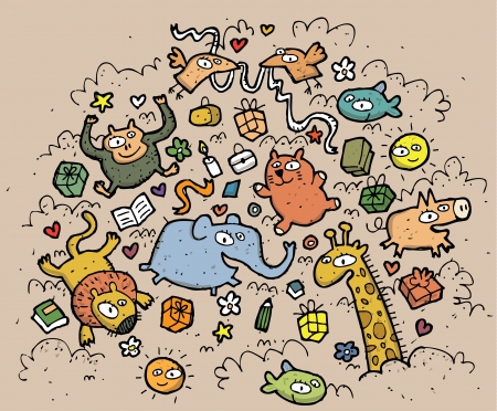 Composition of funny animals and objects: hand drawn vector illustration のイラスト素材