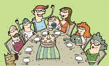 Celebrating Birthday: hand drawn illustration of a family around table のイラスト素材
