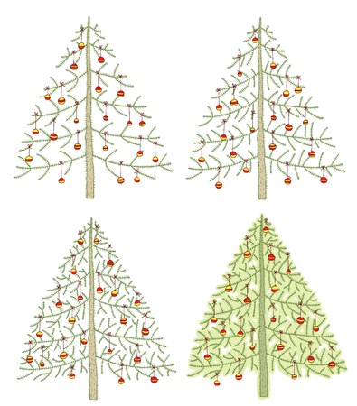 Hand drawn detailed grunge illustrations of four different christmas trees のイラスト素材