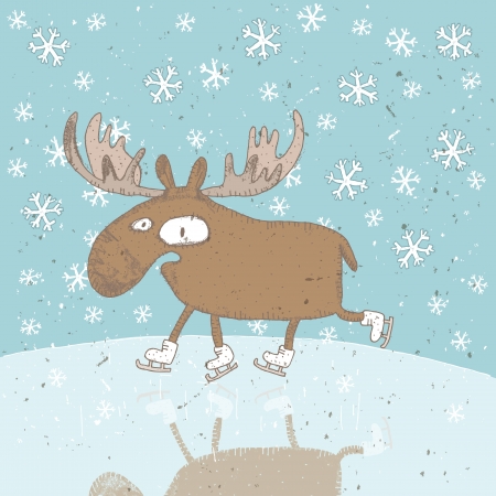Funny Christmas Card ... Moose ice-skating on frozen lake with snowflakes のイラスト素材