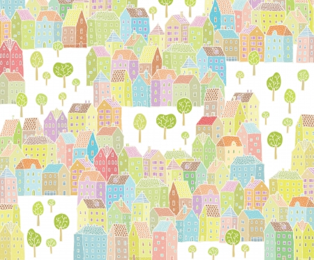 Vibrant City Illustration   with colourful houses and trees のイラスト素材