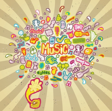 Vintage gramophone and musical cloud  music signs  in colors のイラスト素材