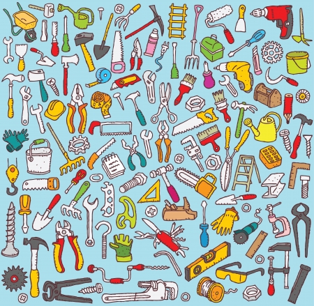 Tools Collection: hand drawn illustrations of numerous tool icons のイラスト素材