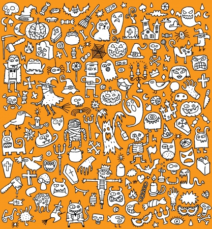 Big Halloween Collection of small hand drawn illustrations (icons) (in black and white) のイラスト素材