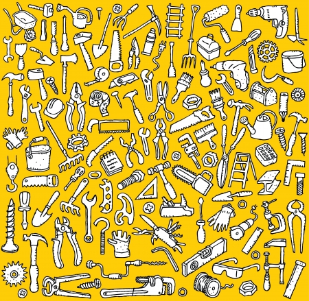 Tools Collection  hand drawn illustrations of numerous tool icons  in black and white  のイラスト素材