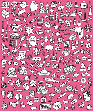Big Doodle Icons Set   collection of numerous small hand-drawn illustrations  vignette  in black and white  No  2 のイラスト素材
