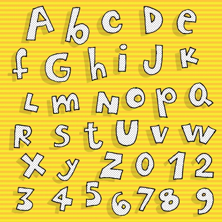 Childish hand drawn Alphabet with dots pattern on orange background のイラスト素材