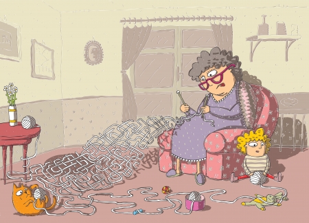 Grandma Crochet Maze Game  hand drawing with background on separate layer  Task  which wool-ball leads to grandma  Solution  catのイラスト素材