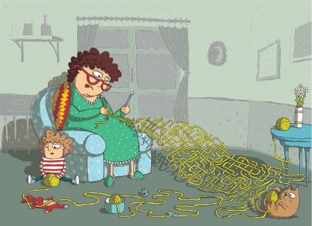 Grandma Crochet Maze Game  hand drawing with background on separate layer  Task  which wool-ball leads to grandma  Solution  catのイラスト素材
