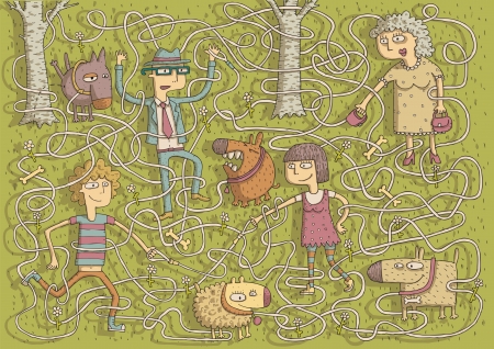 Walking Dogs Maze Game for children with separated isolated layers  Task  Connect dogs with owners  Solution  lady and puffy, man and peeing, boy and barking, girl and smiling dog  のイラスト素材